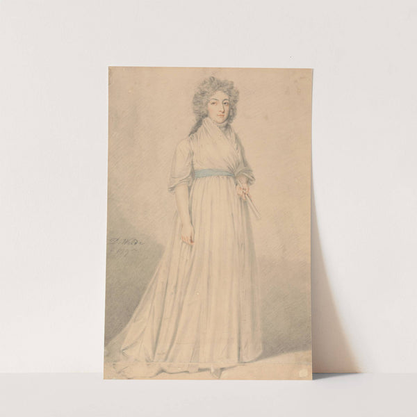A Lady, full length, Wearing a Blue Sash and Holding a Fan by Samuel de Wilde