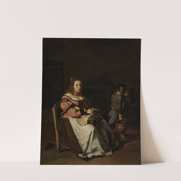 A lady sewing lace in an interior by Michael Sweerts