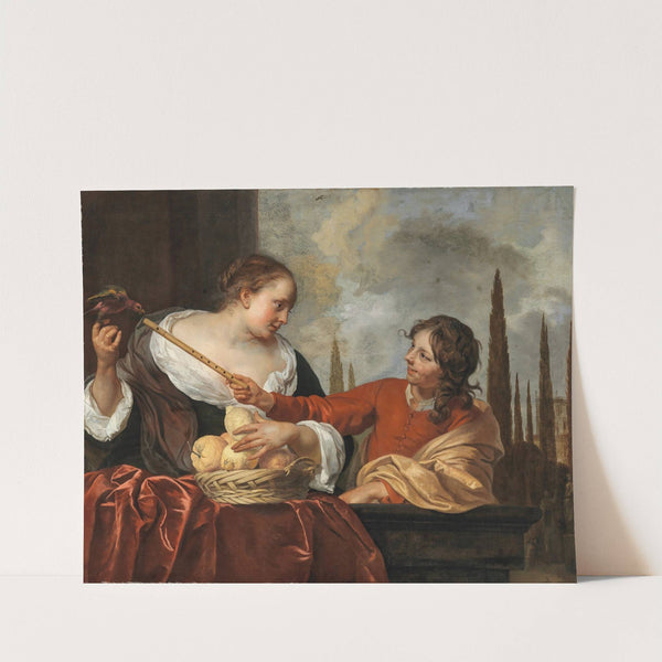 A lady with a parrot holding a basket of fruit and a young man with a flute by Jacob Van Loo