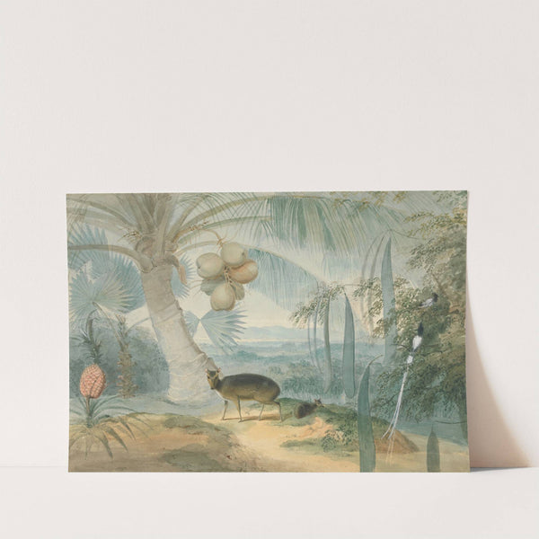 A Landscape in Ceylon, With Barking Deer and Fawn and a Pair of Paradise Fly-Catchers by Samuel Daniell