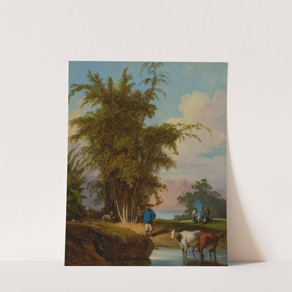 A landscape in Macau with a herdsman and cattle watering, a stand of bamboo beyond by George Chinnery