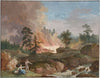 A landscape in Sweden with peasants burning woodland and a couple resting near a stream
