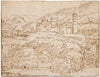 A landscape with a castle above a belt of trees