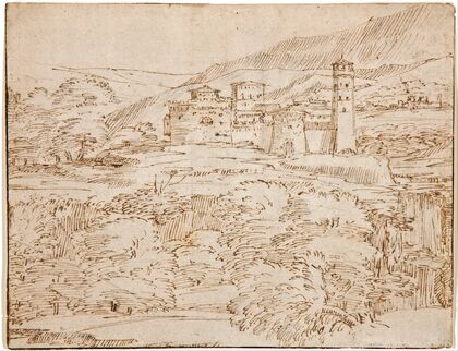 A landscape with a castle above a belt of trees