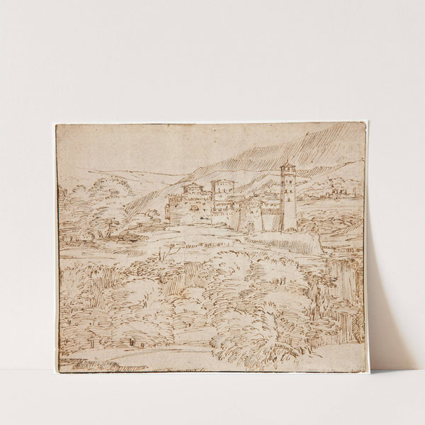 A landscape with a castle above a belt of trees by Giovanni Francesco Grimaldi