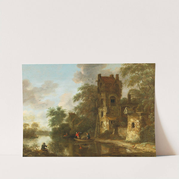 A landscape with a ruin on the bank of a river by Roelof Jansz. van Vries