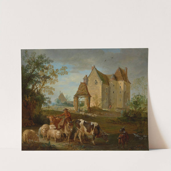 A landscape with a shepherd driving animals to pasture, a castle beyond by Jean-Baptiste Oudry