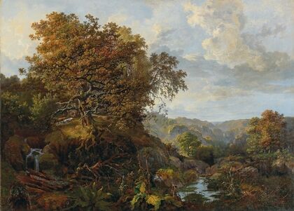 A landscape with a waterfall and hounds,