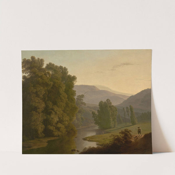 A landscape with figures by a river and mountains in the distance by Hendrik Voogd