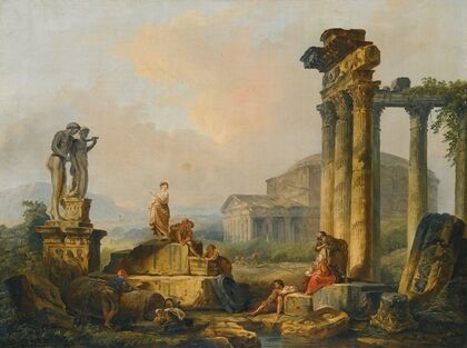 A Landscape With Shepherds And Shepherdesses Among Ancient Ruins, With The Statue Of Castor And Pollux And The Pantheon Beyond