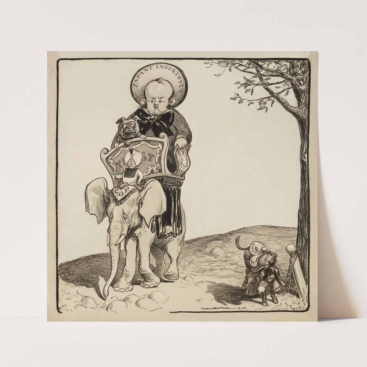 A large child representing Infant Industries and his bulldog representing Wall Street ride on top of the Republican Party elephant (1904) by William Henry Walker