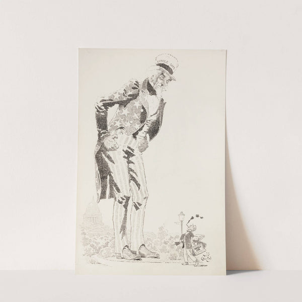 A large figure of Uncle Sam looks down at a small figure of Uncle Joe by Will Crawford