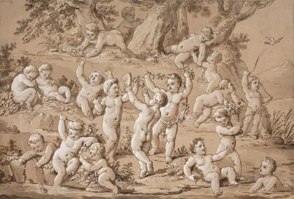 A Large Group of Putti Playing Contentedly by a Stream