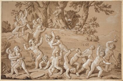A Large Group of Putti Plunged into Terror by the Arrival of a Bull