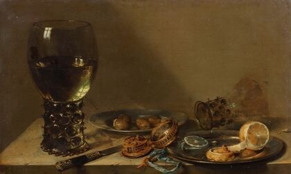 A large roemer, a silver knife, a gold pocket watch with blue ribbon, a pewter plate with a peeled lemon, with other objects on a ledge