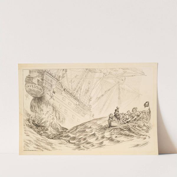 A large sailing ship representing investors sinks as a small group of pirates row away with their money. (1907) by William Henry Walker