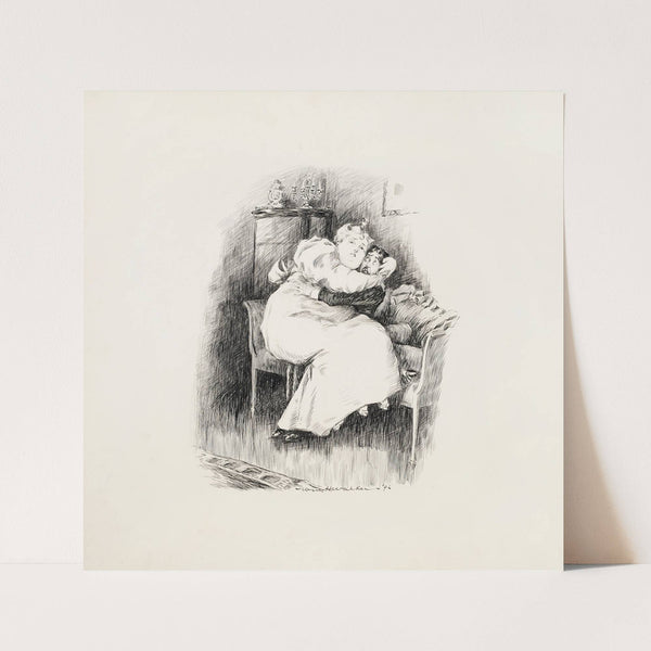 A large woman in white sits on the lap of a smaller man in black who is seated on the edge of a bed. (1897) by William Henry Walker