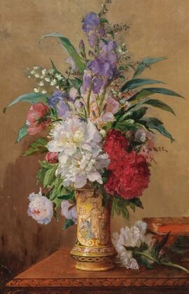 A Lavish Bouquet of Flowers with Peonies in a Vase with the Image of a Saint — size preview