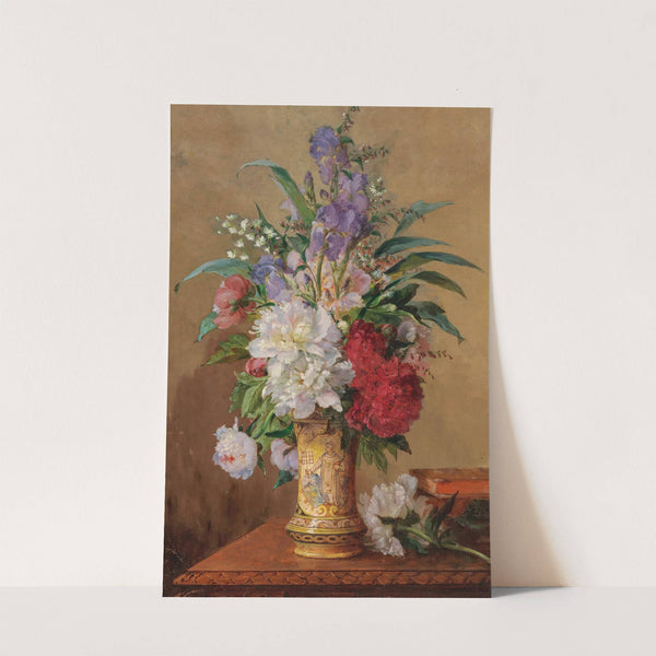 A Lavish Bouquet of Flowers with Peonies in a Vase with the Image of a Saint by Charles Philipard