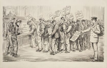 A line of men at the ‘court of public opinion’ representing various groups of labor demand 50-100% pay increases (1920) — size preview