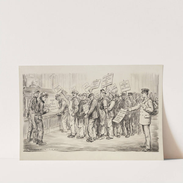 A line of men at the ‘court of public opinion’ representing various groups of labor demand 50-100% pay increases (1920) by William Henry Walker