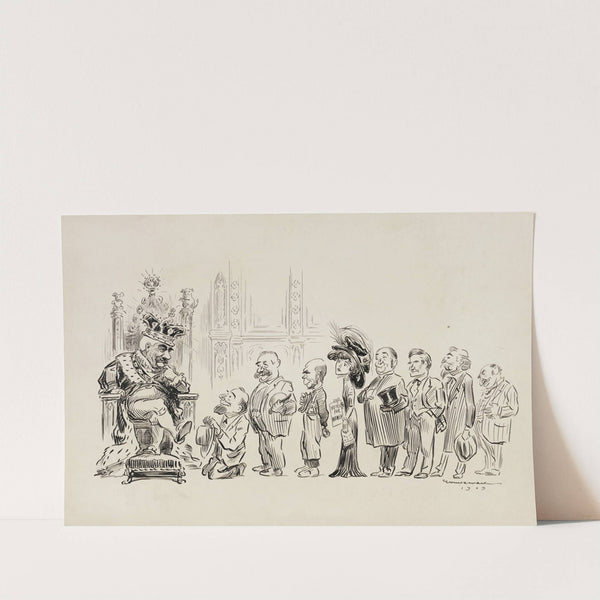 A line of men in suits and a woman with a paper reading ‘votes for women’ wait for an audience with a man dressed like a king (1910) by William Henry Walker