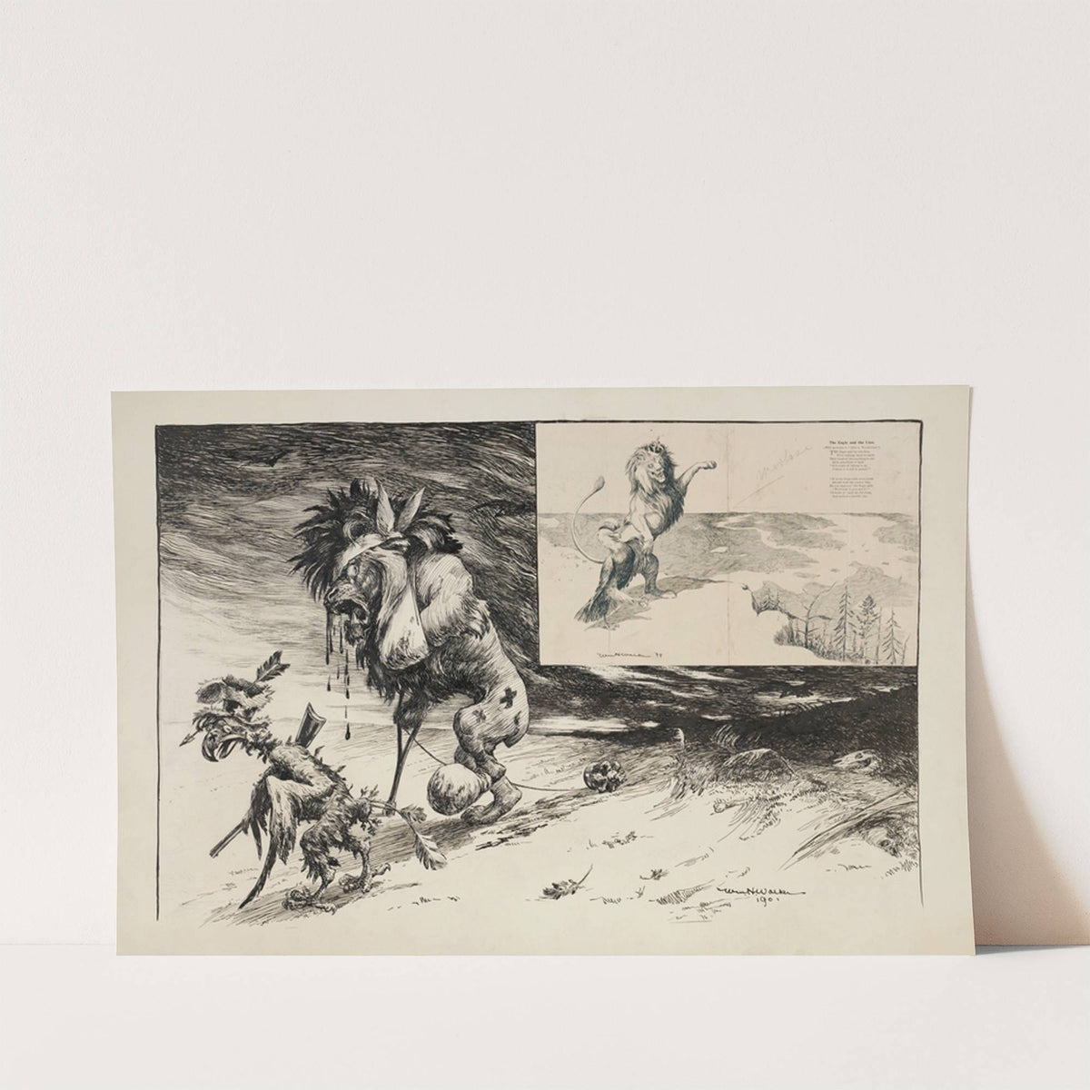 A lion (Great Britain) and an eagle (United States), both badly wounded, hobble from a land they tried to conquer. (1901) by William Henry Walker