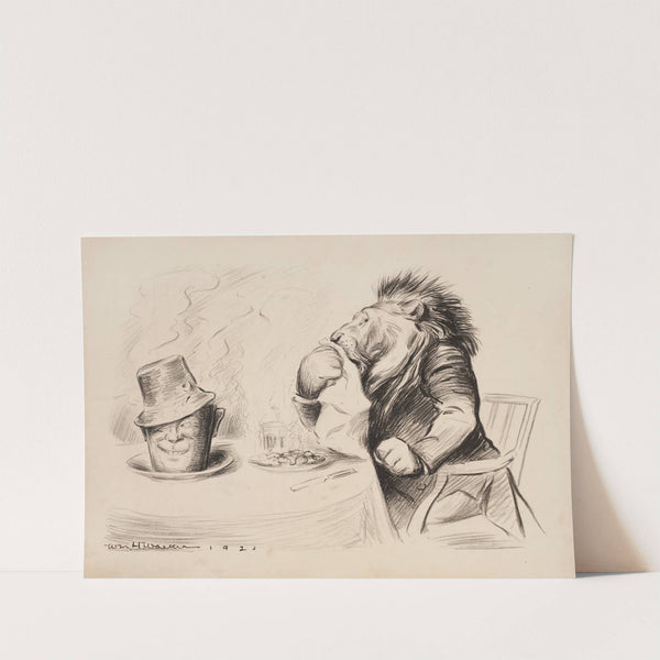 A lion (Great Britain) eats a fine dinner. The coffee cup on the table has a face. (1921) by William Henry Walker
