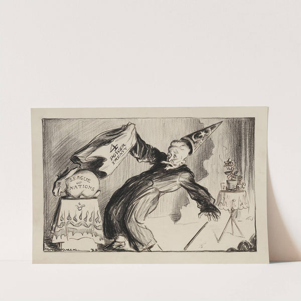 A magician pulls away a cloth representing the 4 Power Treaty and reveals a rabbit representing the League of Nations (1922) by William Henry Walker