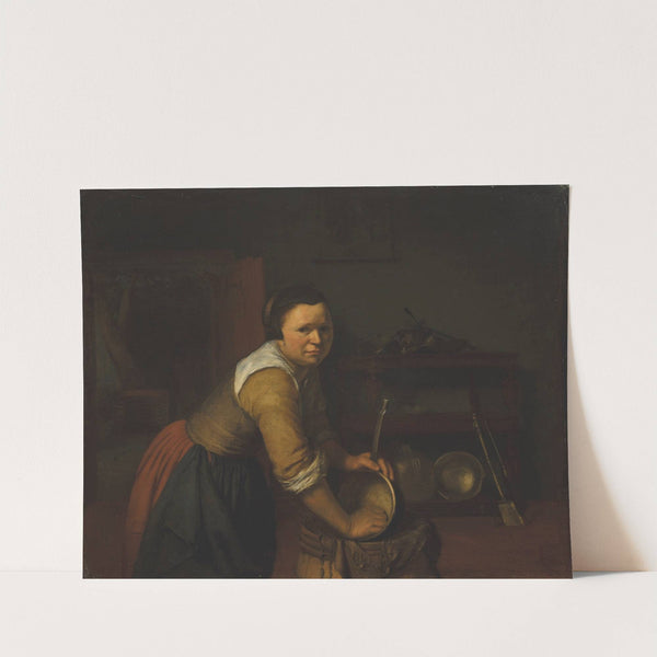 A maid washing pans in a kitchen by Heyman Dullaert