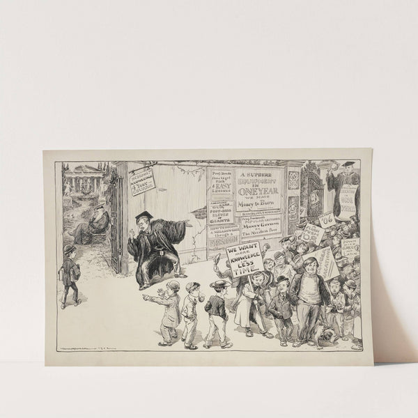 A man advertises a college education in one year, where students learn how to get rich, and has attracted a crowd of interested boys (1903) by William Henry Walker