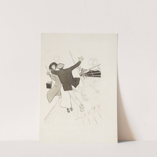 A man and a woman on a ship’s deck run into each other, both dropping a book, as the deck tilts. by Harold Imbrie