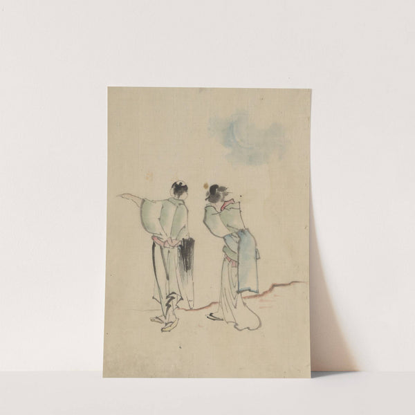 A man and a woman, seen from behind, are looking to where the man is pointing with his left arm by Katsushika Hokusai