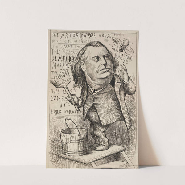 A man, Astor, puts up fliers for his ‘Uproar House,’ shooing away a fly representing public opinion. by William Henry Walker