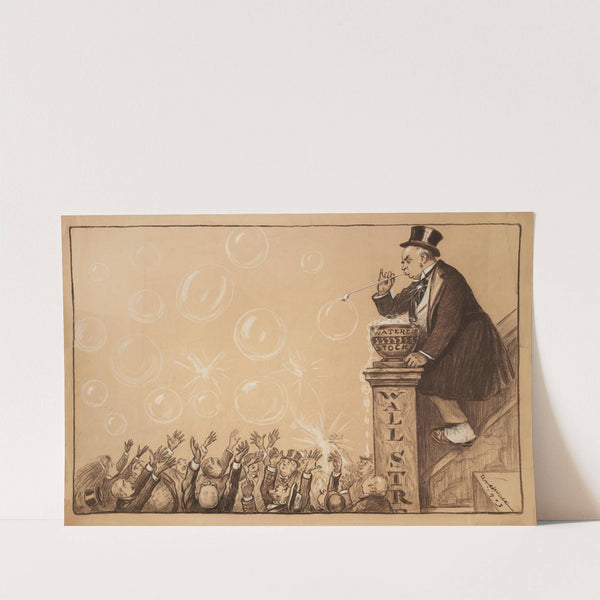 A man blows bubbles from a solution of ‘watered stock,’ as a crowd of gentlemen try to catch them before they pop. (1903) by William Henry Walker