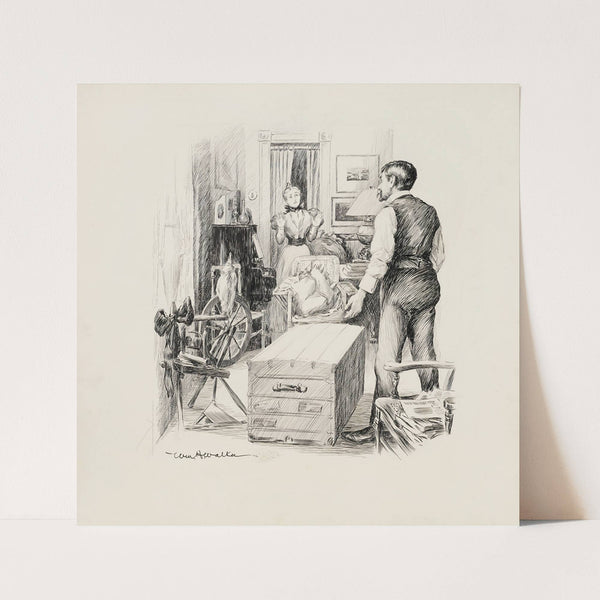 A man confronts a woman standing at a piano in a room with crowded with furniture, including a spinning wheel. (1897) by William Henry Walker