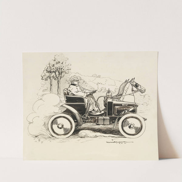 A man drives a car with two horse heads on the front to make it look more like a carriage. (1905) by William Henry Walker