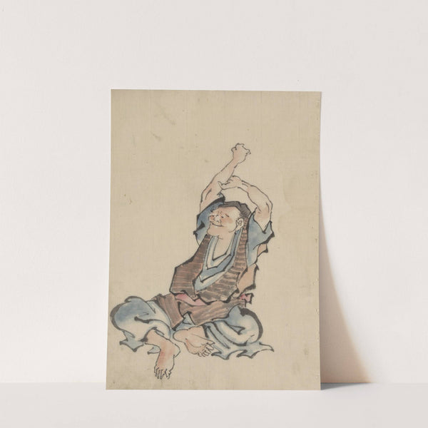 A man, facing left, wearing several layers of clothing, sitting with arms raised over his head, practicing yoga by Katsushika Hokusai