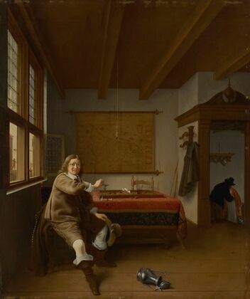 A man holding an overturned wine glass in an interior with two servants kissing in a doorway beyond