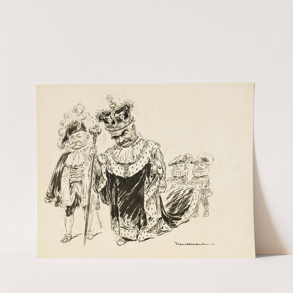 A man in a crown and robes, both decorated with dollar signs, and a scepter with the American eagle on top (1910) by William Henry Walker