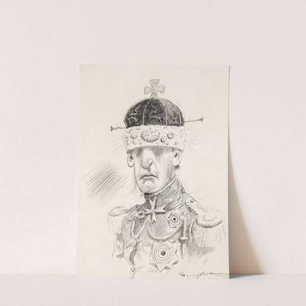 A man in a fancy uniform with lots of metals, and a crown pulled over his eyes. by Homer Davenport