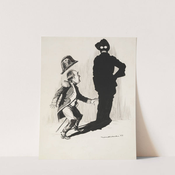 A man in a military uniform (Mac) is scared by his shadow, which is shaped like another man and looks at him sternly. (1899) by William Henry Walker