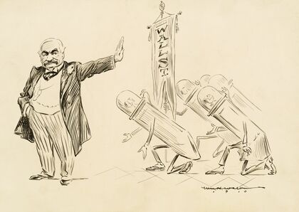 A man in a suit rejects several bowing figures representing Wall Street. (1910) — size preview