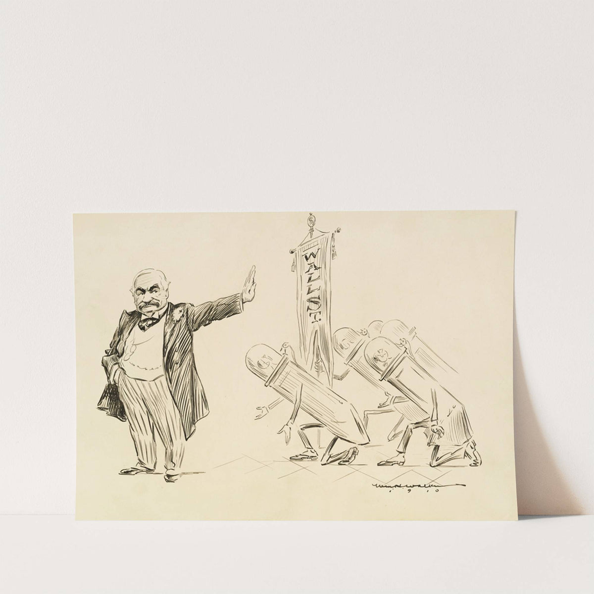 A man in a suit rejects several bowing figures representing Wall Street. (1910) by William Henry Walker