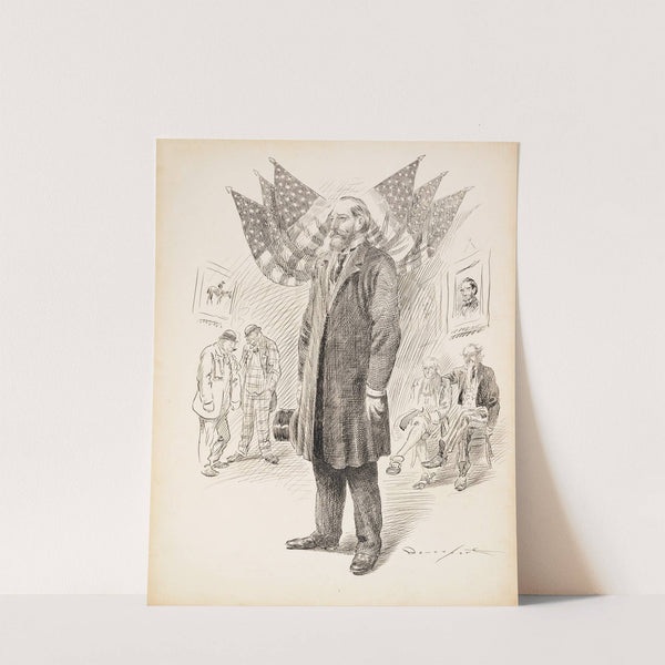 A man in a suit stands in the center with American flags behind him by Homer Davenport