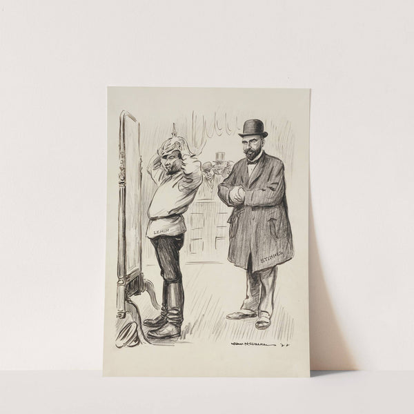 A man in a suit, Stinnes, watches as Lenin tries on a military helmet in front of a mirror (1922) by William Henry Walker