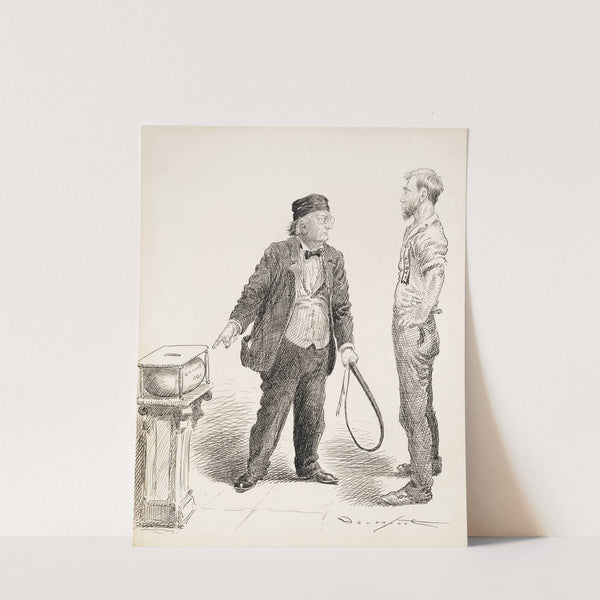 A man in a suit, with a whip in his hand, orders a man representing labor to put his vote in the ballot box. by Homer Davenport