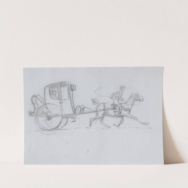 A Man in an enclosed Carriage being pulled by a Horse with a Rider by Hablot Knight Browne