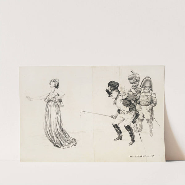 A man in military uniform, cheered on by two others, stabs a woman representing the Civil Service with his sword. (1899) by William Henry Walker