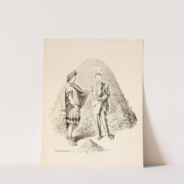 A man in Roman robes and a man in a suit with a lamp on his head stand before a mountain of coins. (1907) by William Henry Walker